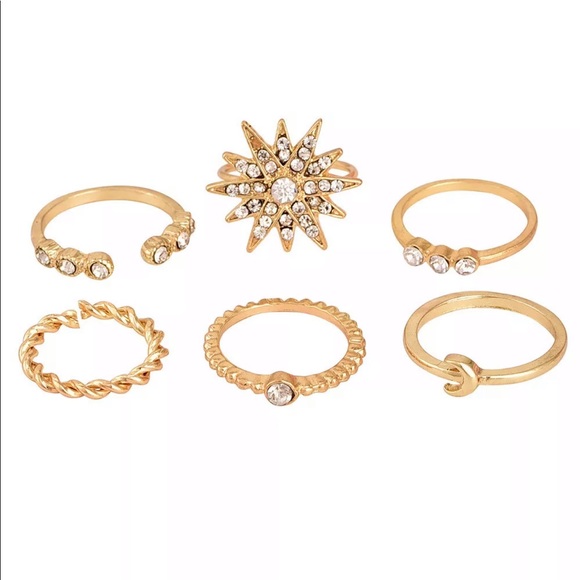 6 Pcs/Set Gold Starburst And Rhinestones Rings - Picture 4 of 7